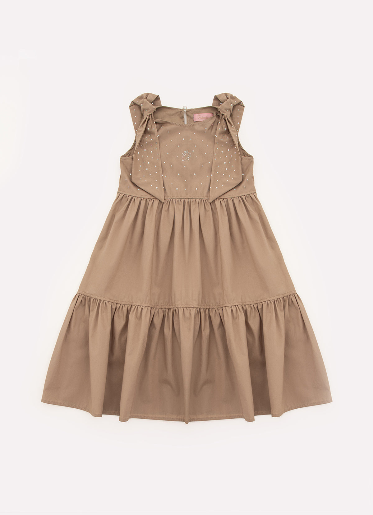 Vestido Tricoline Babado Laços Cristais