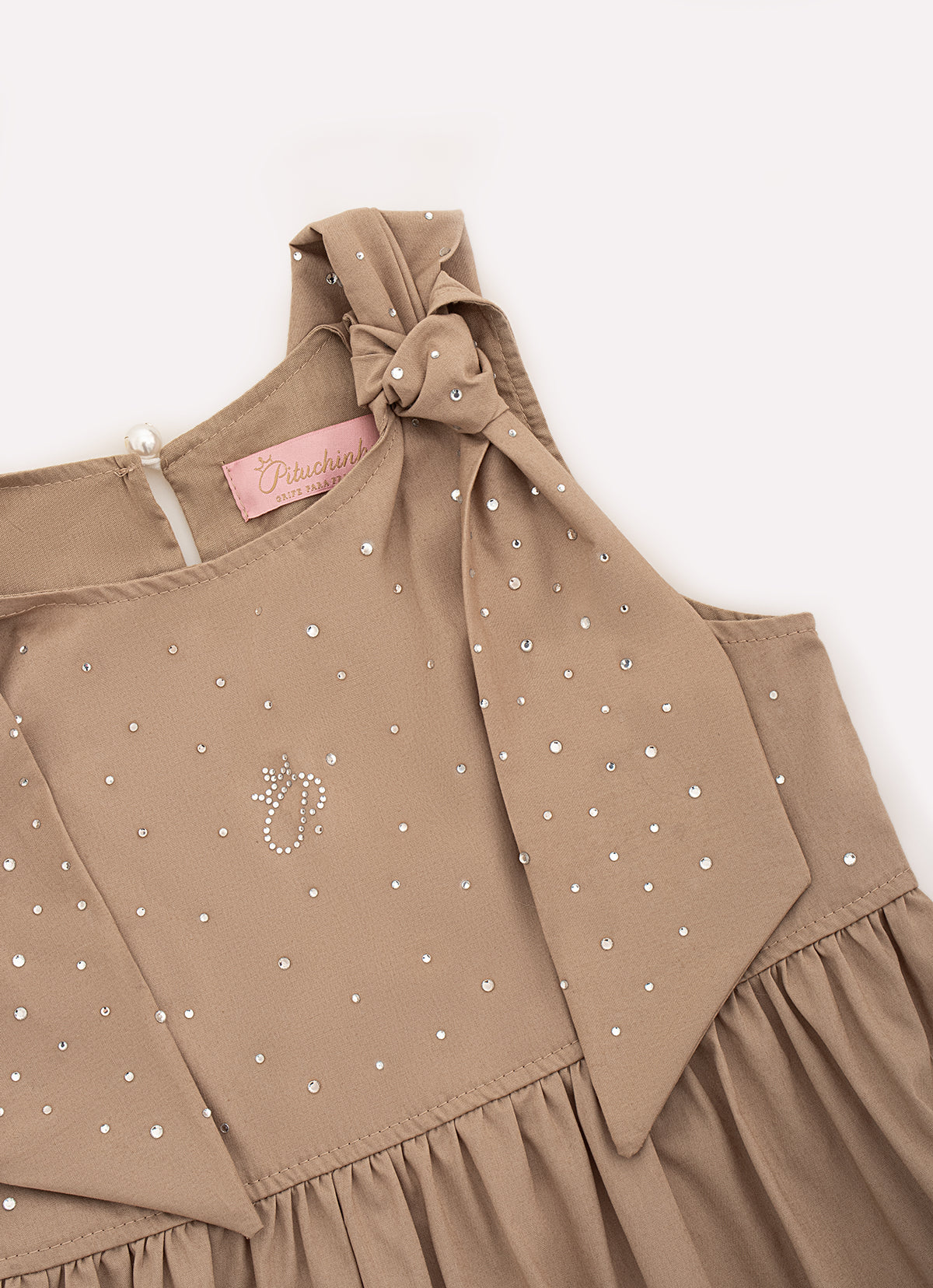 Vestido Tricoline Babado Laços Cristais