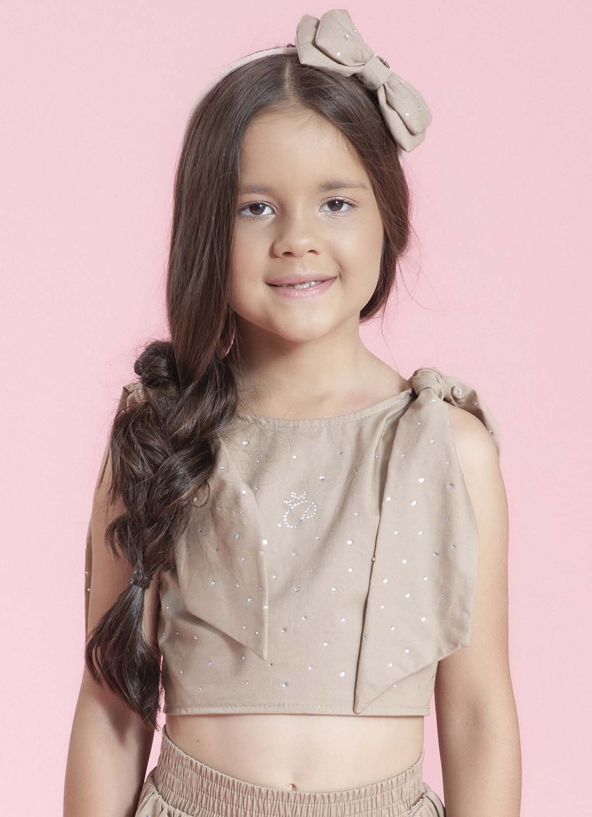 Blusa Tricoline Laços Ombros Cristais
