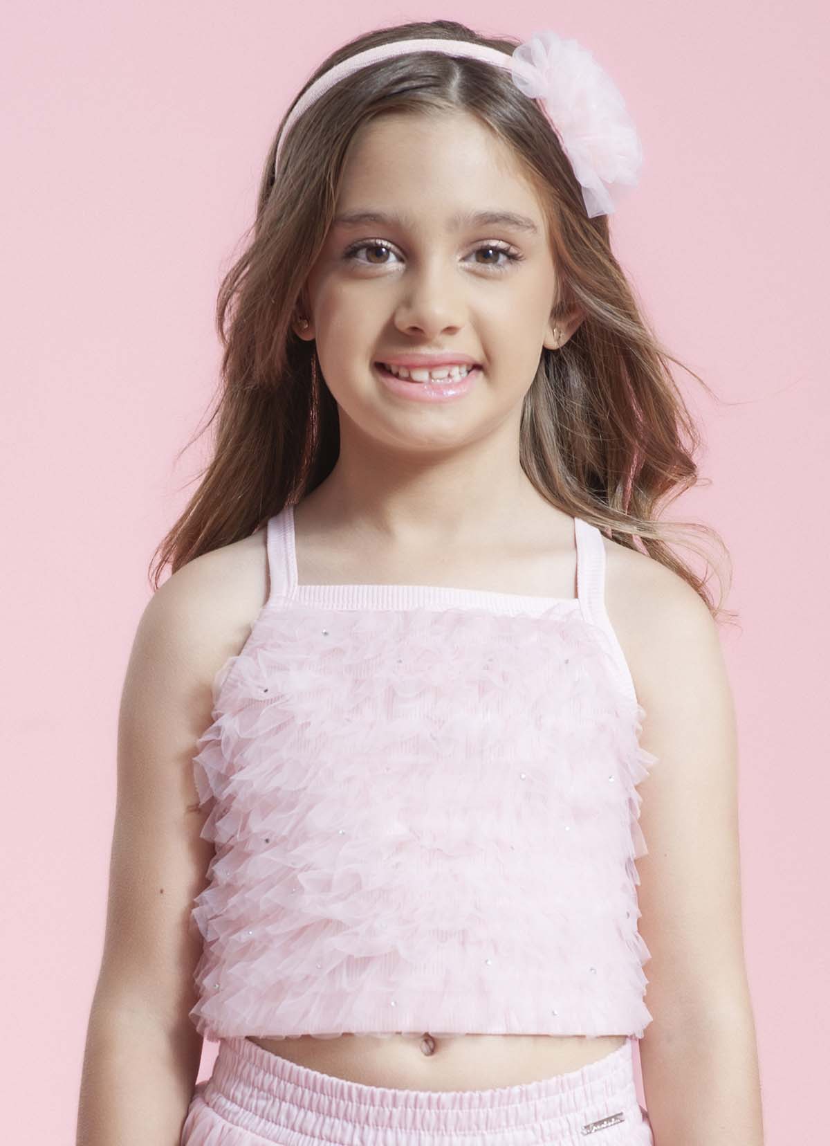 Blusa Cropped Ribana Frufru Tule Cristais