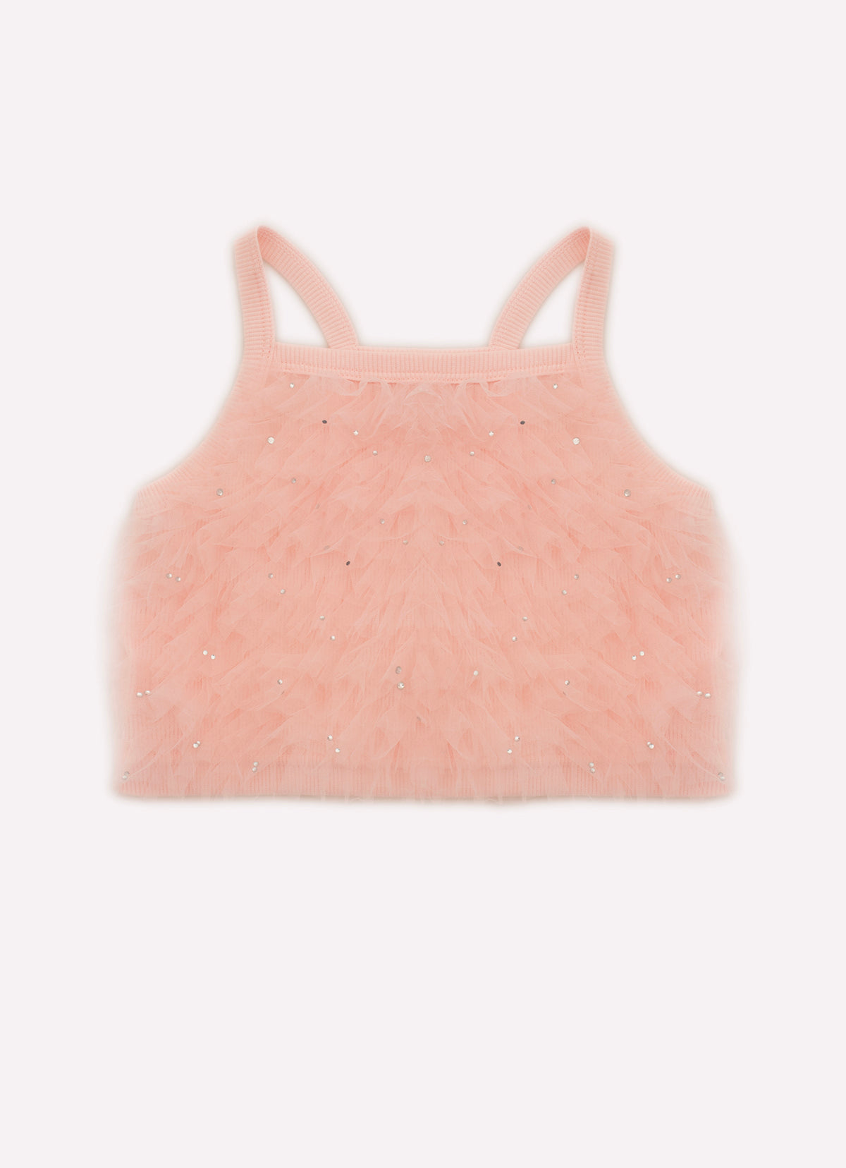 Blusa Cropped Ribana Frufru Tule Cristais