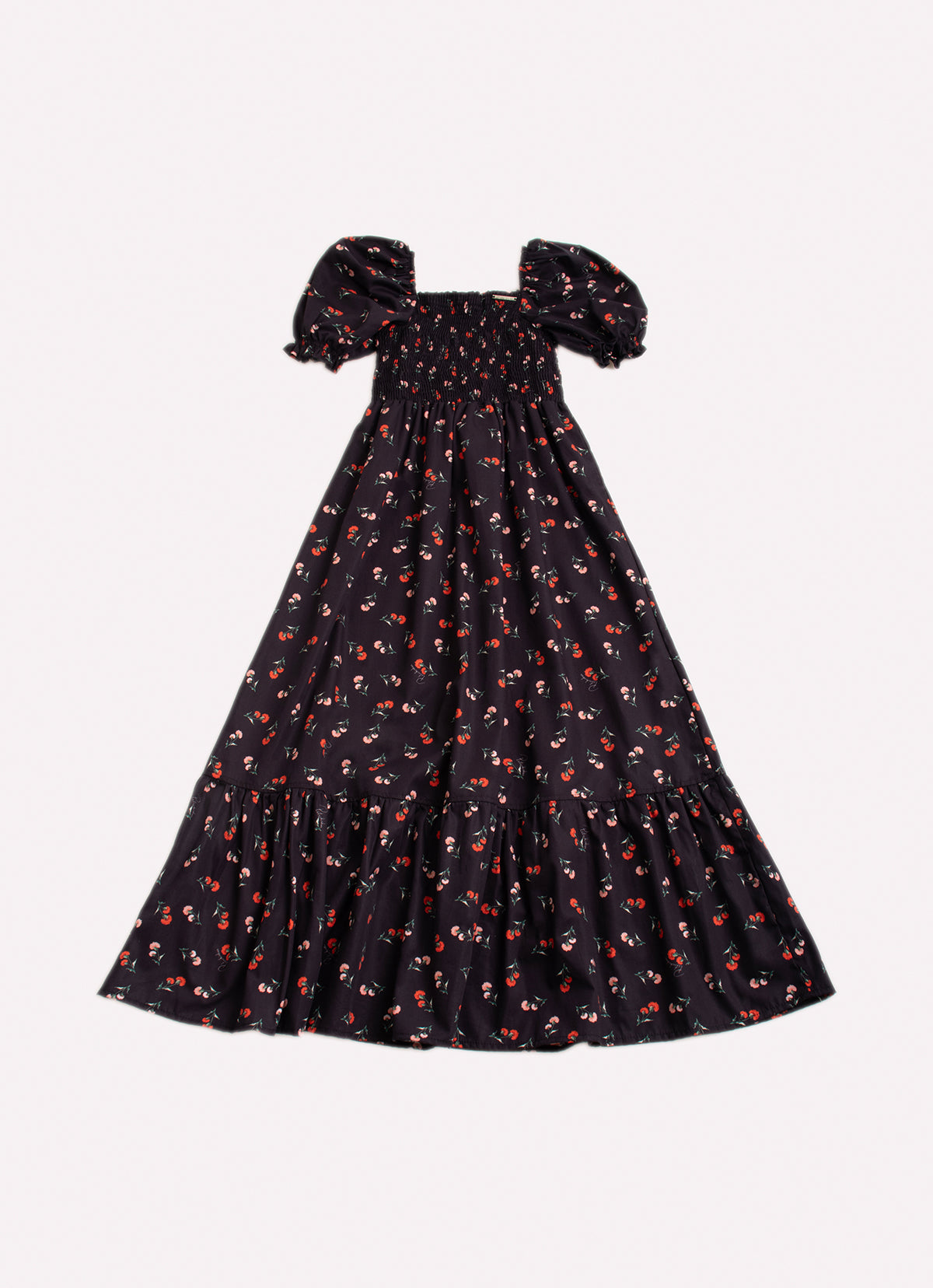 Vestido Longo Algodão Estampado Cravos Babado
