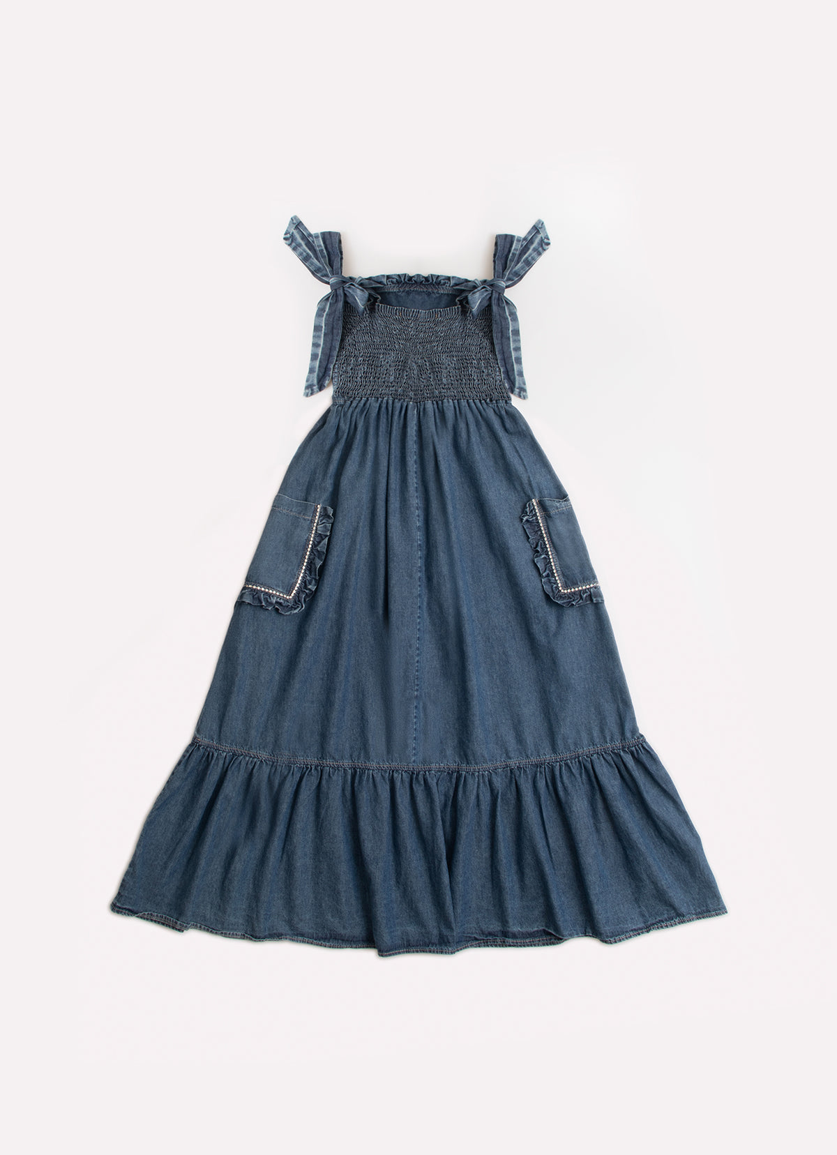 Vestido Longo Jeans Bolsos Babadinho Cristal
