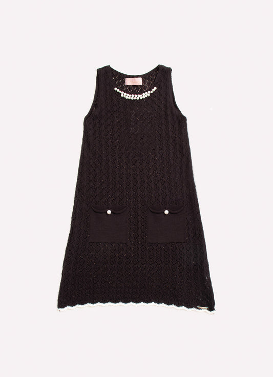 Vestido Tricot Rendado Bordados Decote Vestido Tricot Rendado Bordados Decote