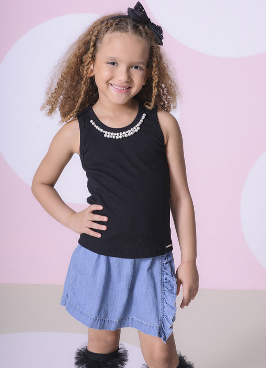 Regata Ribana Bordados Perolas e Cristais Preto Regata Ribana Bordados Perolas e Cristais Preto