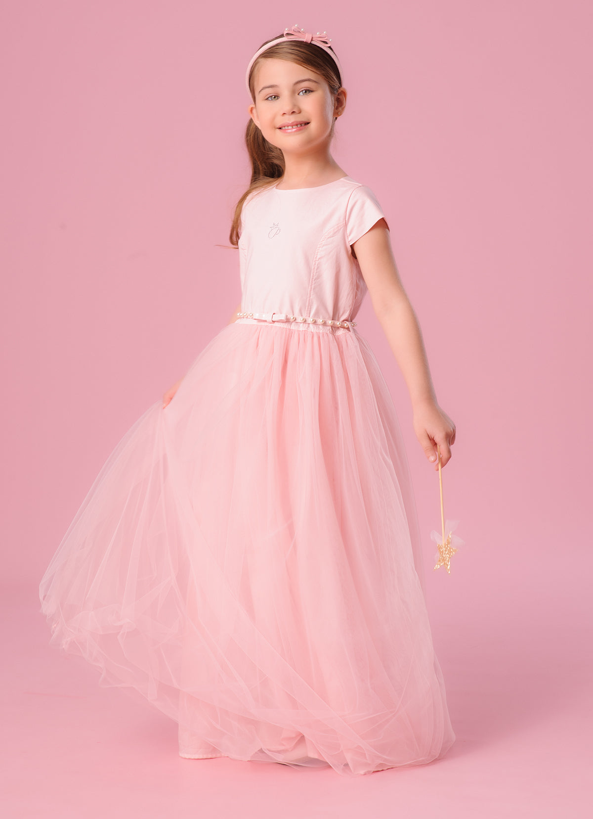 Vestido Conceito Longo Saia Tule Com Cinto Pérolas