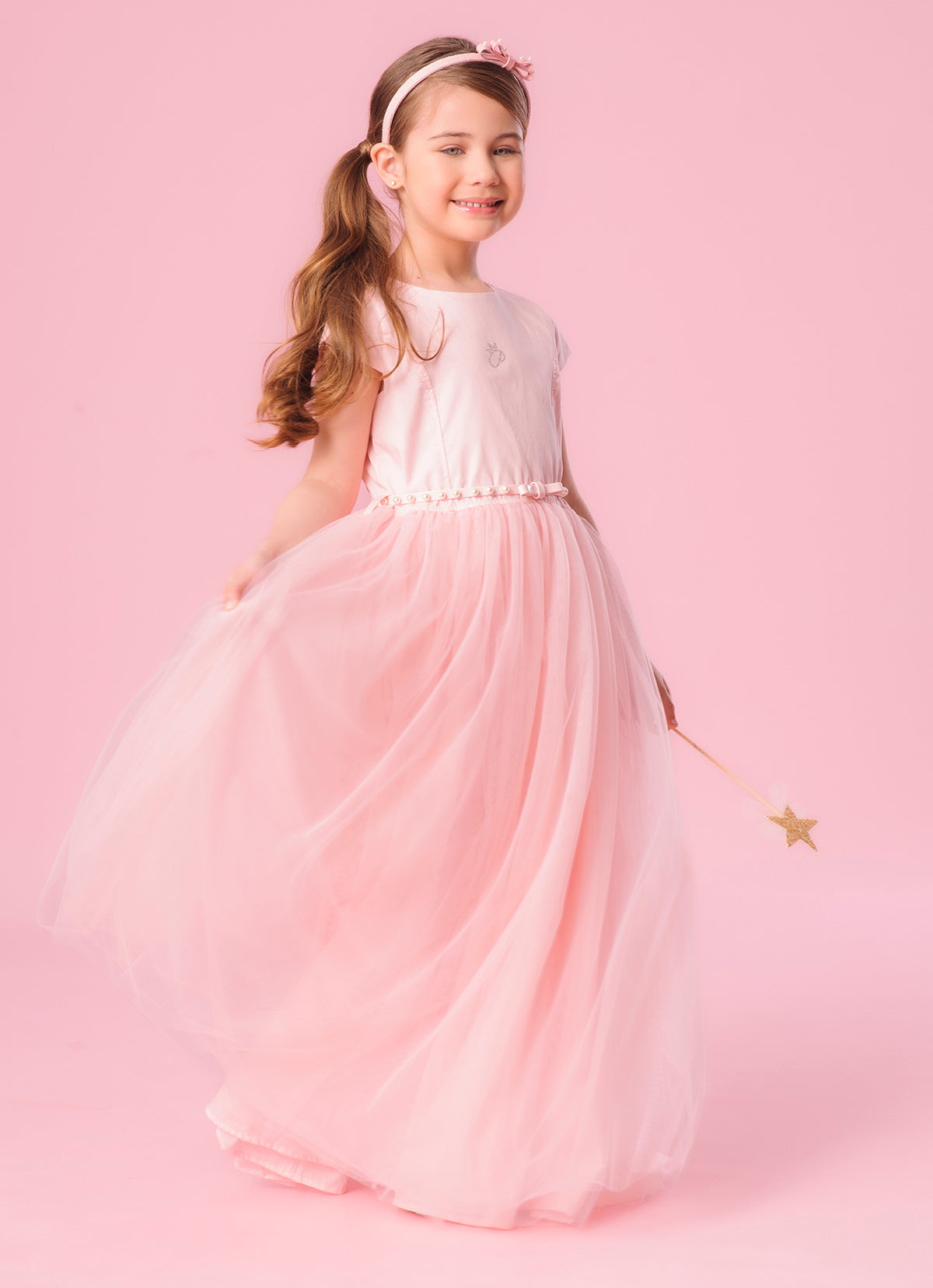 Vestido Conceito Longo Saia Tule Com Cinto Pérolas