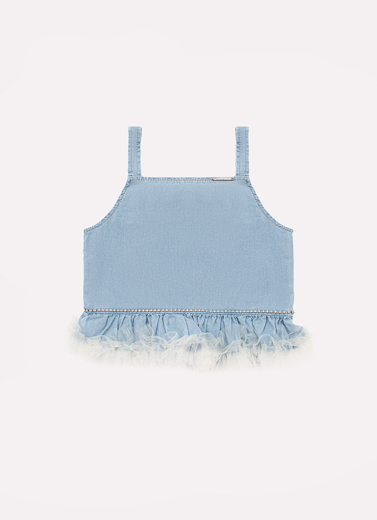 Blusa Cropped Jeans Fino Babado Tule Cristal Couture
