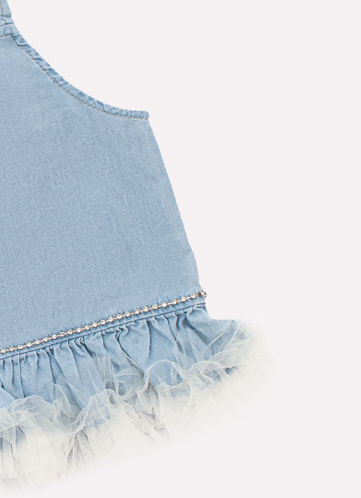 Blusa Cropped Jeans Fino Babado Tule Cristal Couture