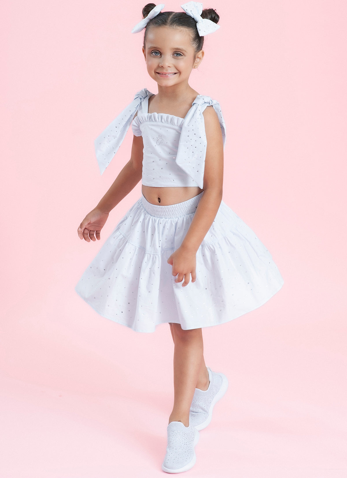 Saia Short Tricoline Babado Cristais