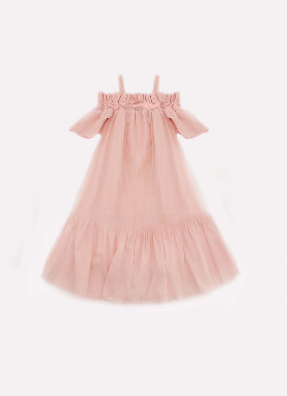 Vestido Tricoline Ombro a Ombro Tule
