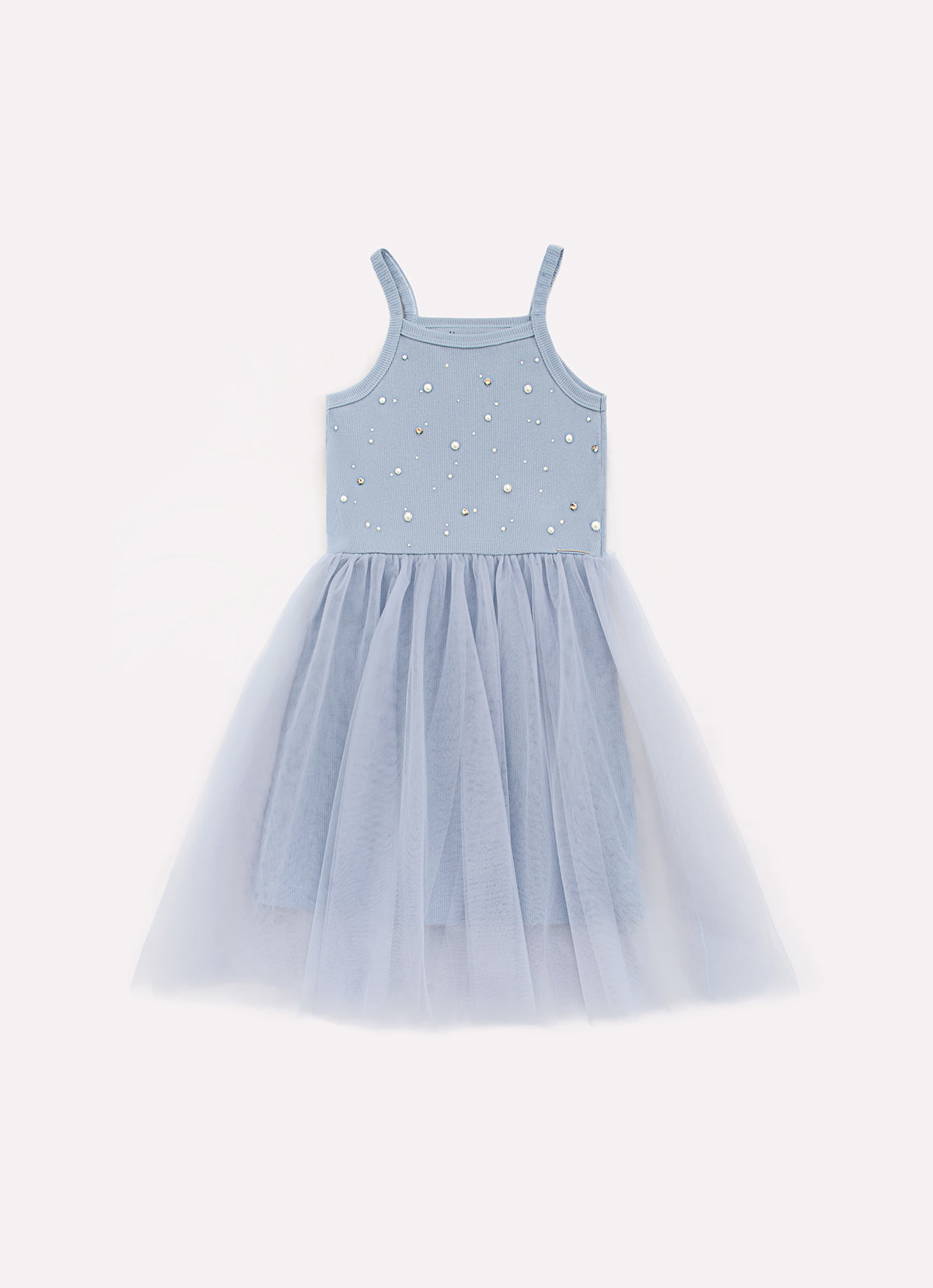 Vestido Alça Ribana Bordados Saia Tule