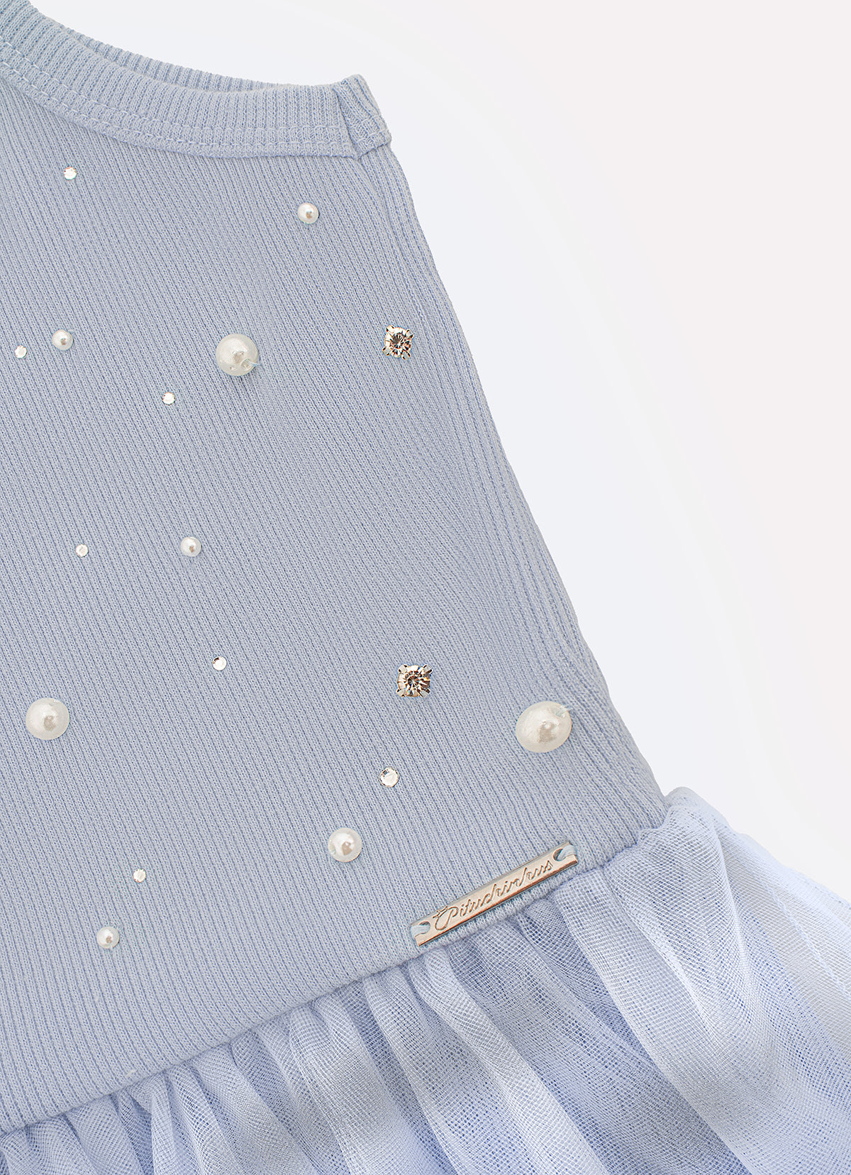 Vestido Alça Ribana Bordados Saia Tule