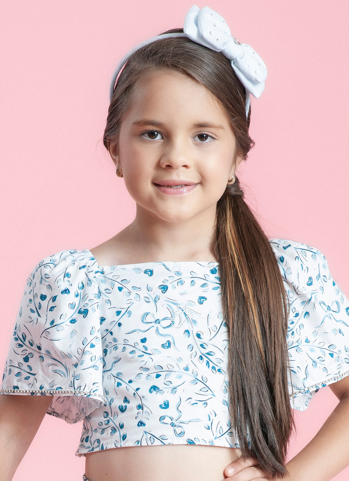 Blusa Cropped Algodão Estampado Folhas Azuis Cristais
