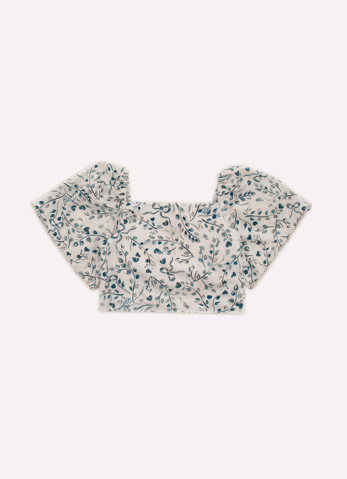 Blusa Cropped Algodão Estampado Folhas Azuis Cristais