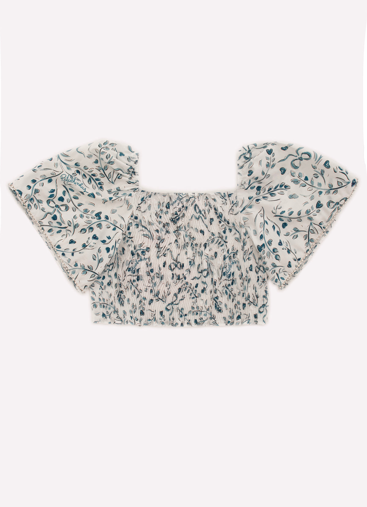Blusa Cropped Algodão Estampado Folhas Azuis Cristais