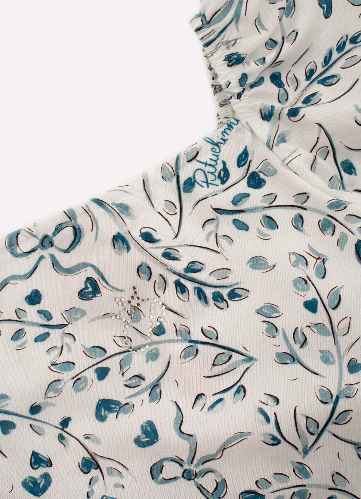 Blusa Cropped Algodão Estampado Folhas Azuis Cristais