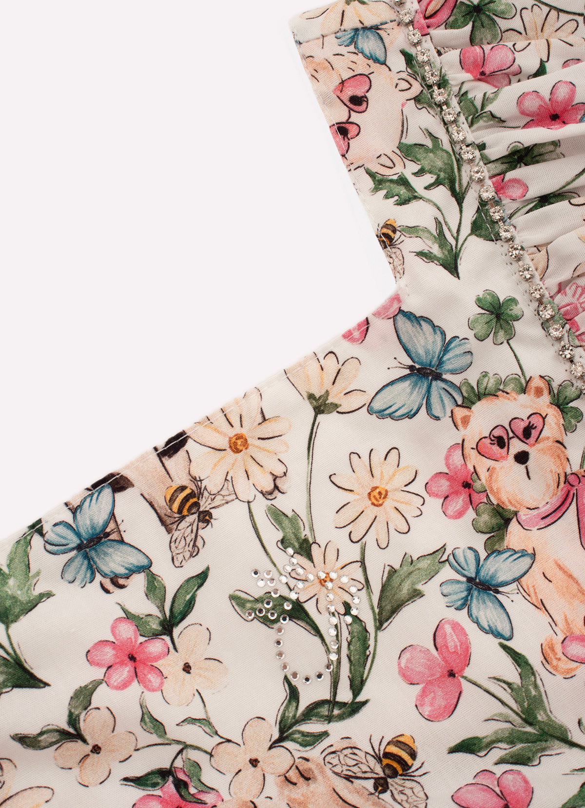 Blusa Cropped Algodão Estampado Cachorros e Flores Cristal