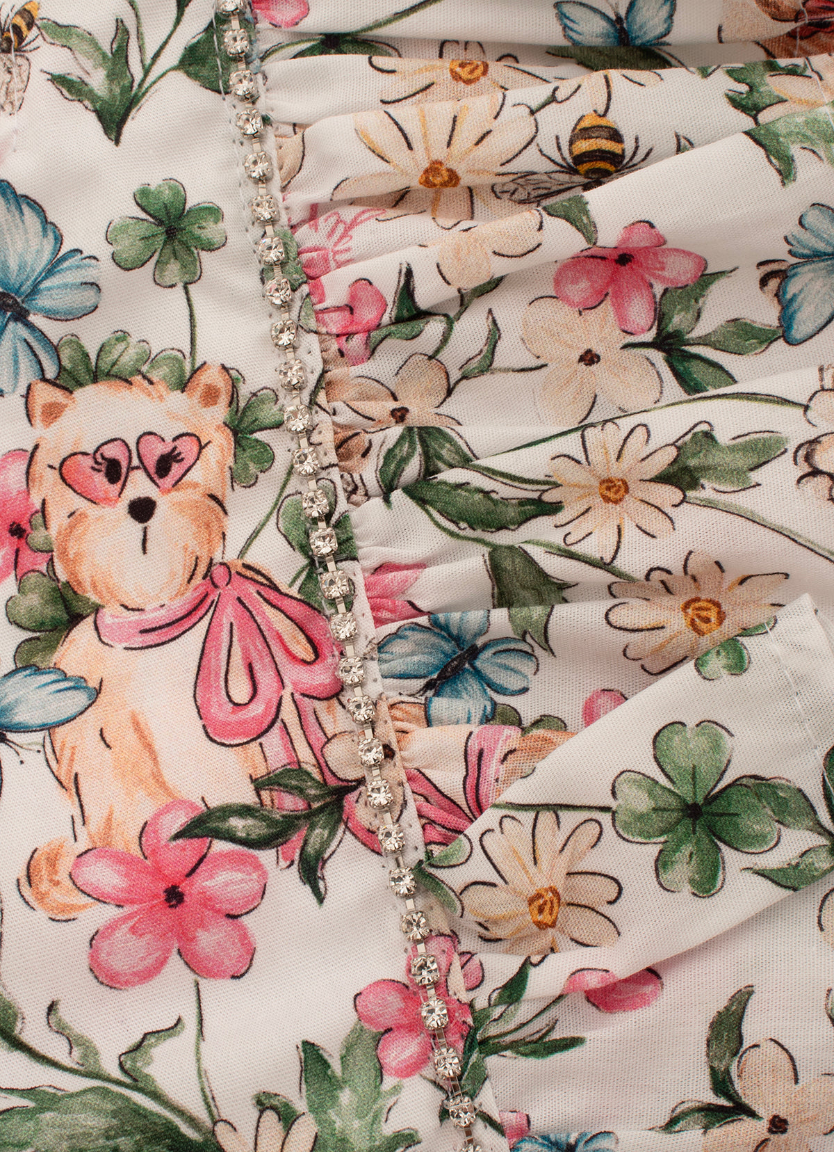 Blusa Cropped Algodão Estampado Cachorros e Flores Cristal