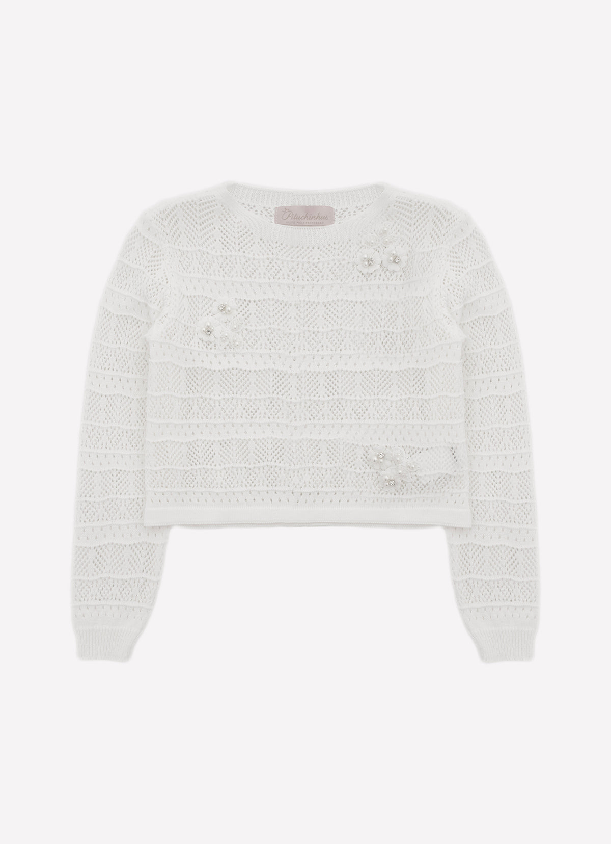 Blusa Tricot Manga Longa Rendada Guipir Bordado Couture