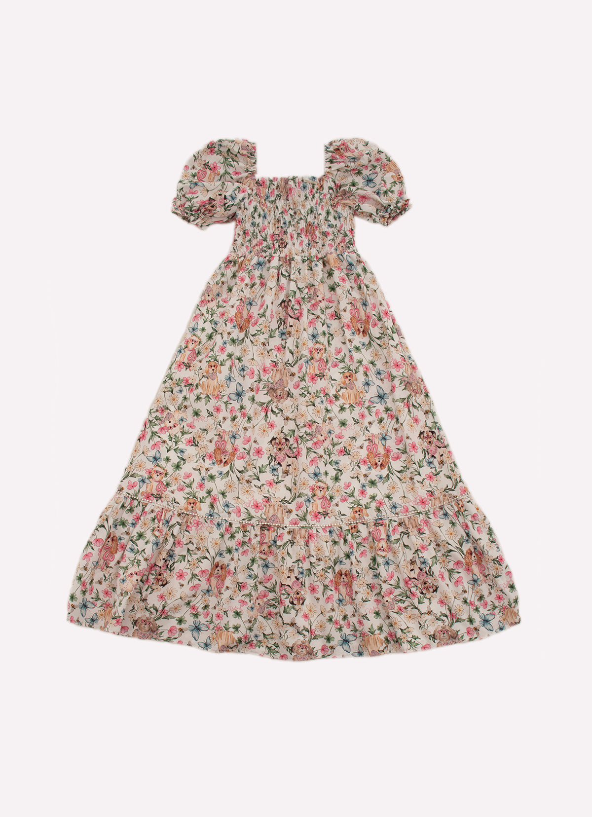 Vestido Longo Algodão Estampado Cachorros e Flores