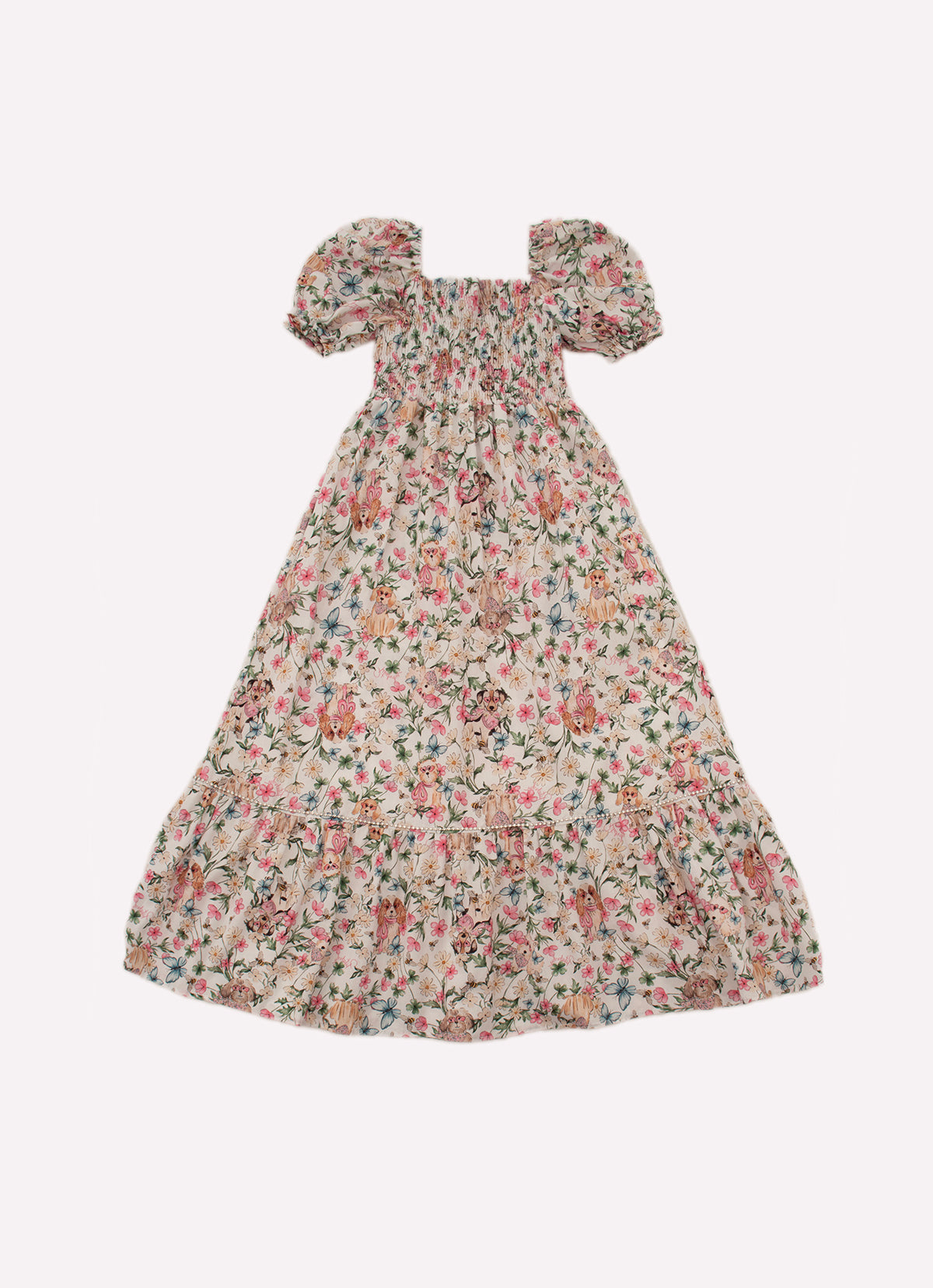 Vestido Longo Algodão Estampado Cachorros e Flores