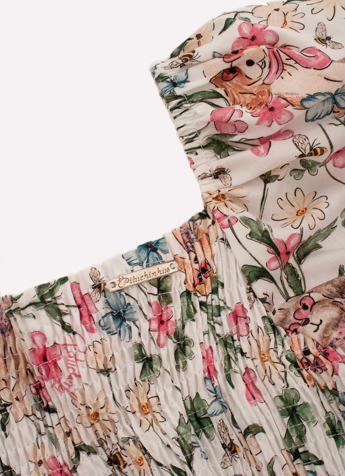 Vestido Longo Algodão Estampado Cachorros e Flores