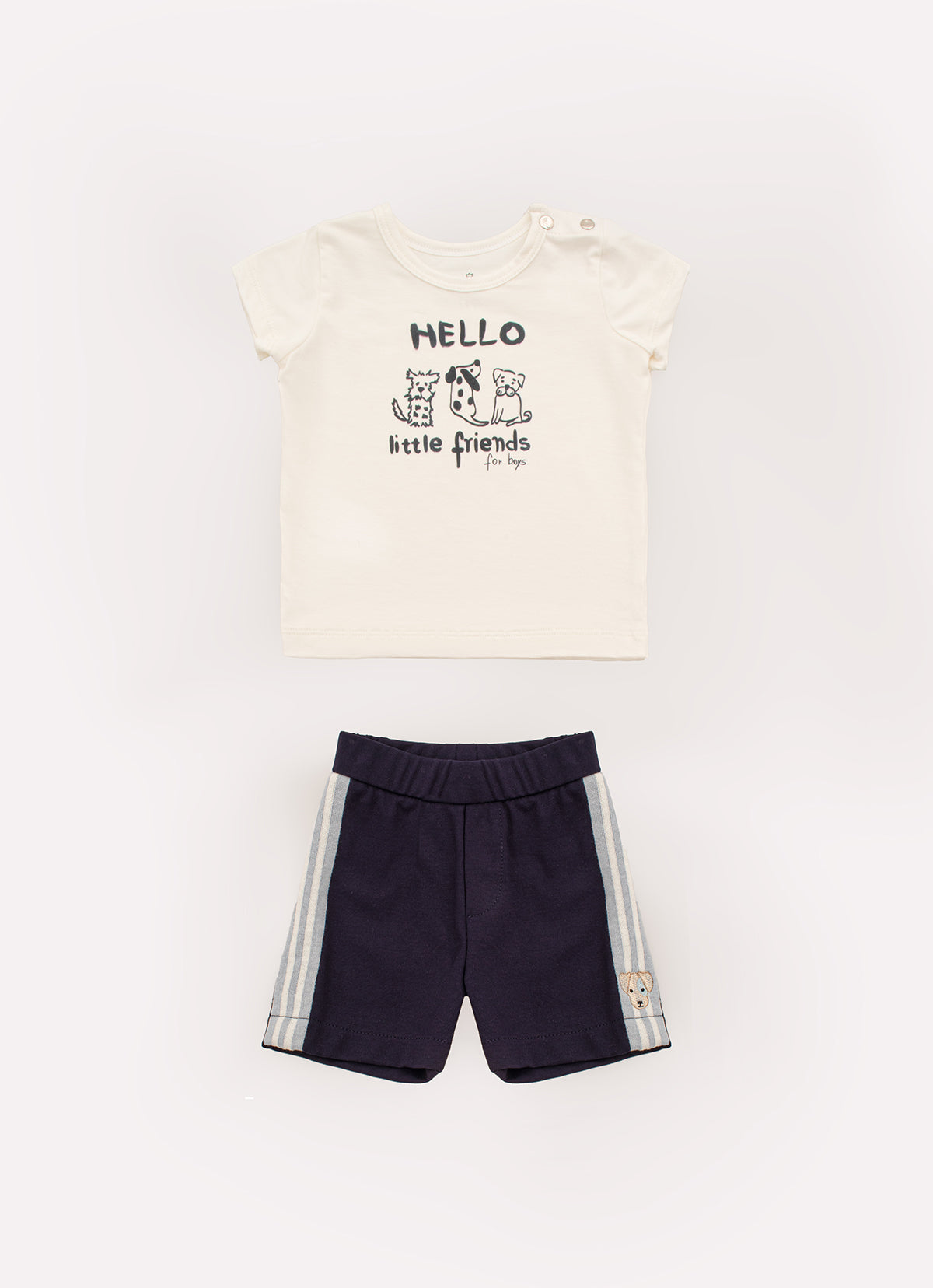 Conjunto Blusa Cotton Pima Hello e Bermuda Malha Listra Lateral