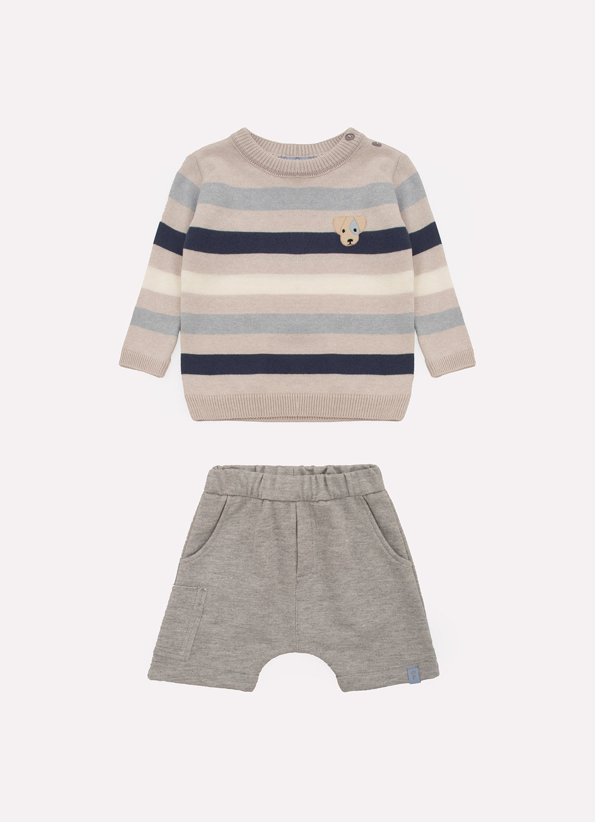Conjunto Blusa Tricot Listrada e Bermuda Moletom Bolsos