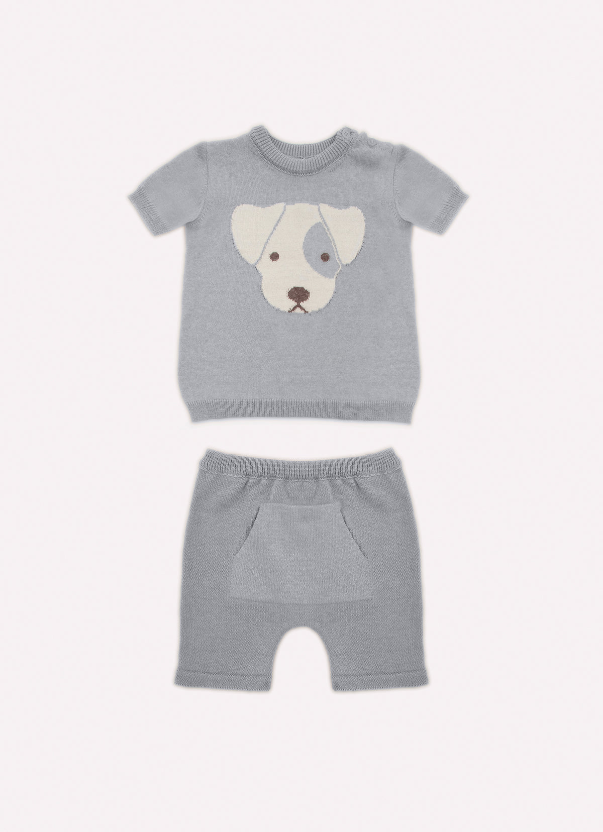 Conjunto Tricot Blusa Cachorrinho Manga Curta e Bermuda Canguru