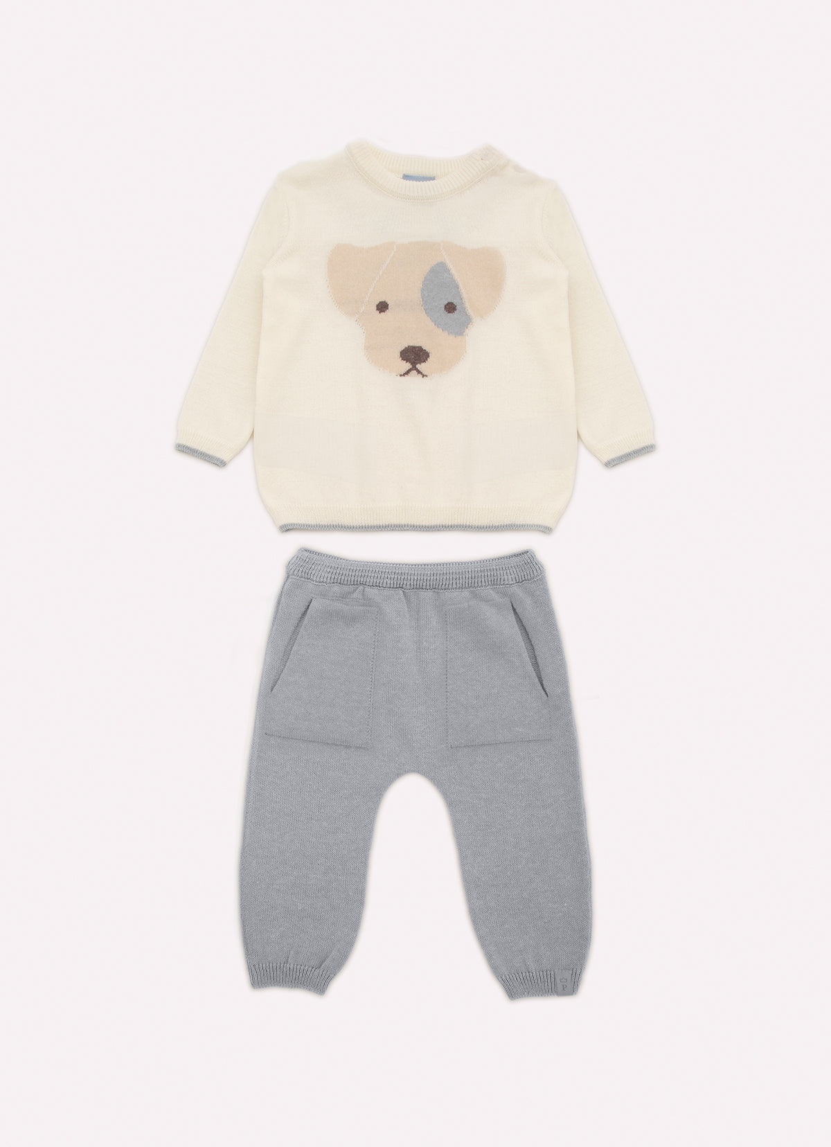 Conjunto Tricot Blusa Rosto Cachorrinho e Calça Bolsos