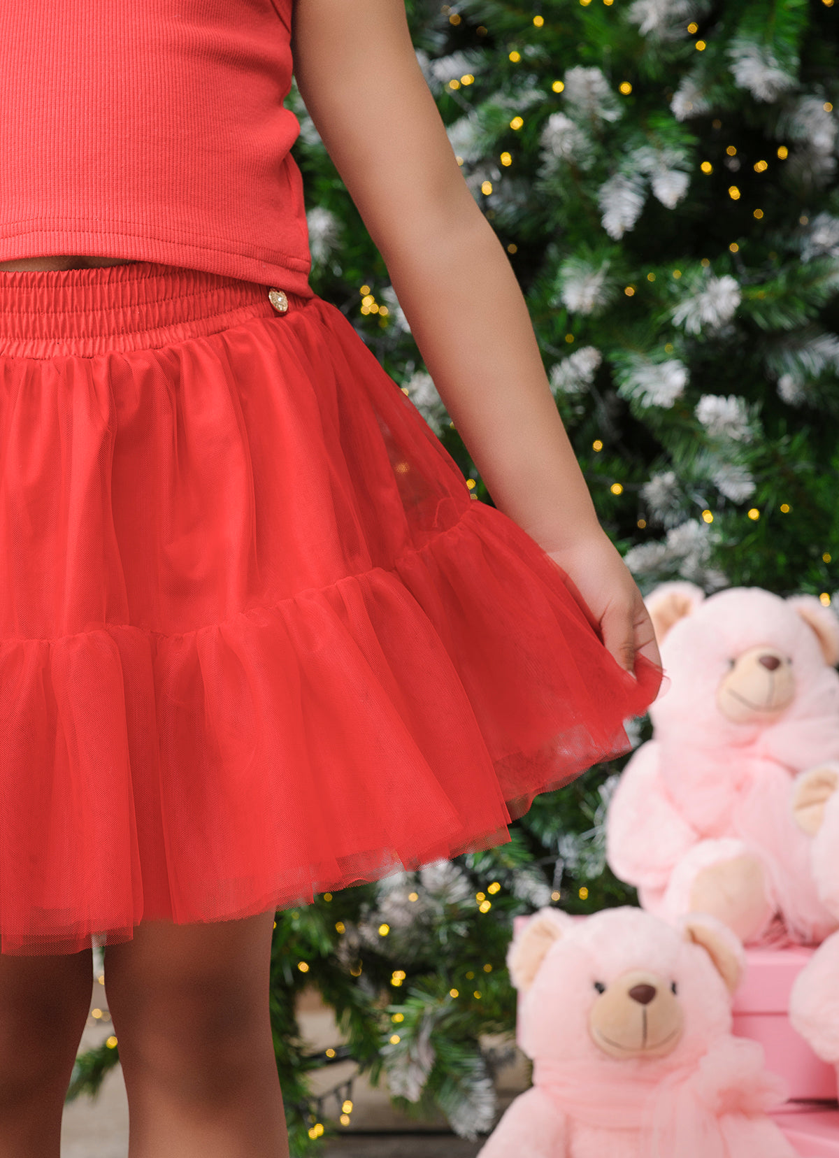 Conjunto Cropped Ribana Flor e Saia Babado Natal