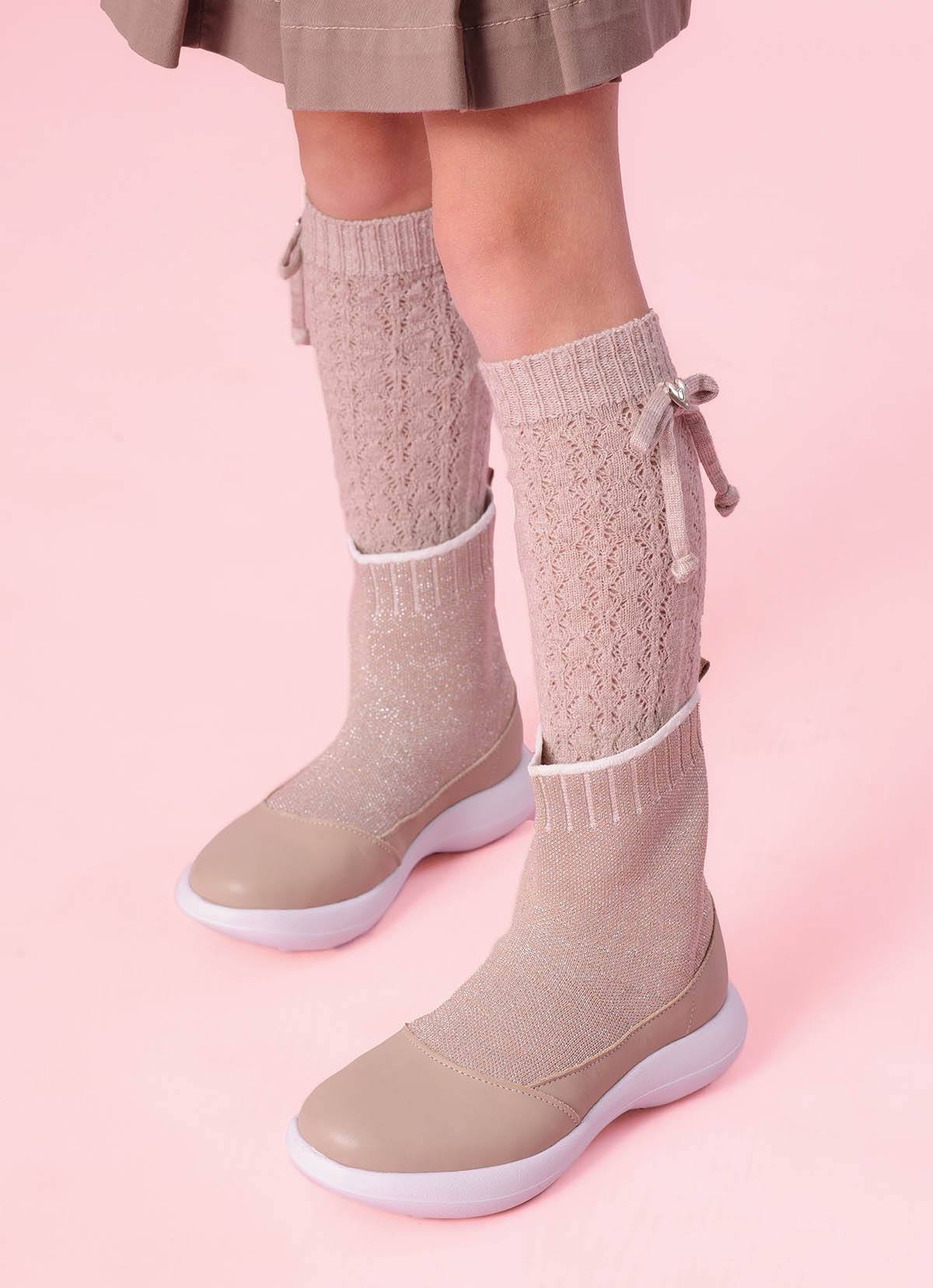 Meia Tricot Ponto Rendado Lacinhos