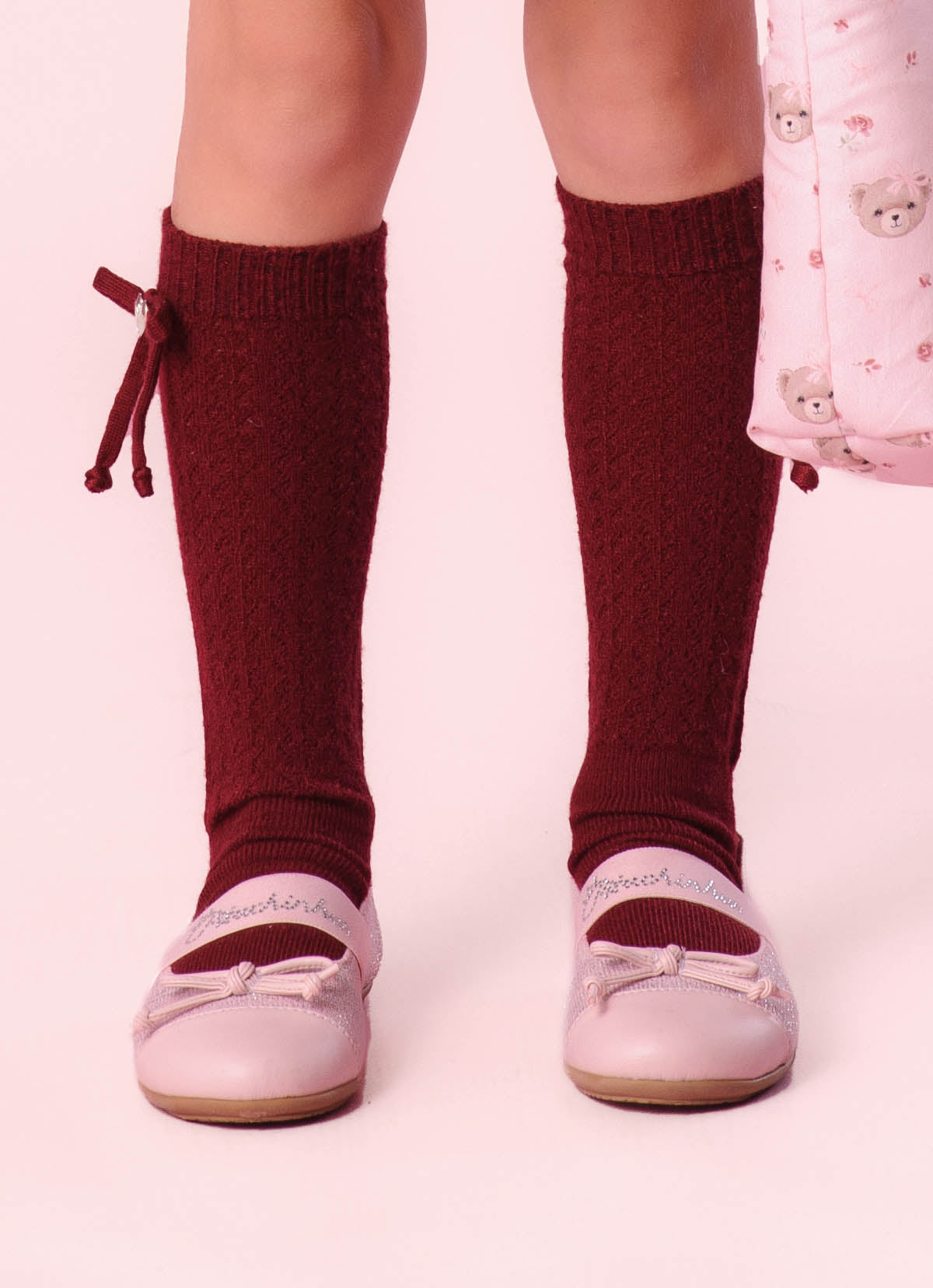 Meia Tricot Ponto Rendado Lacinhos