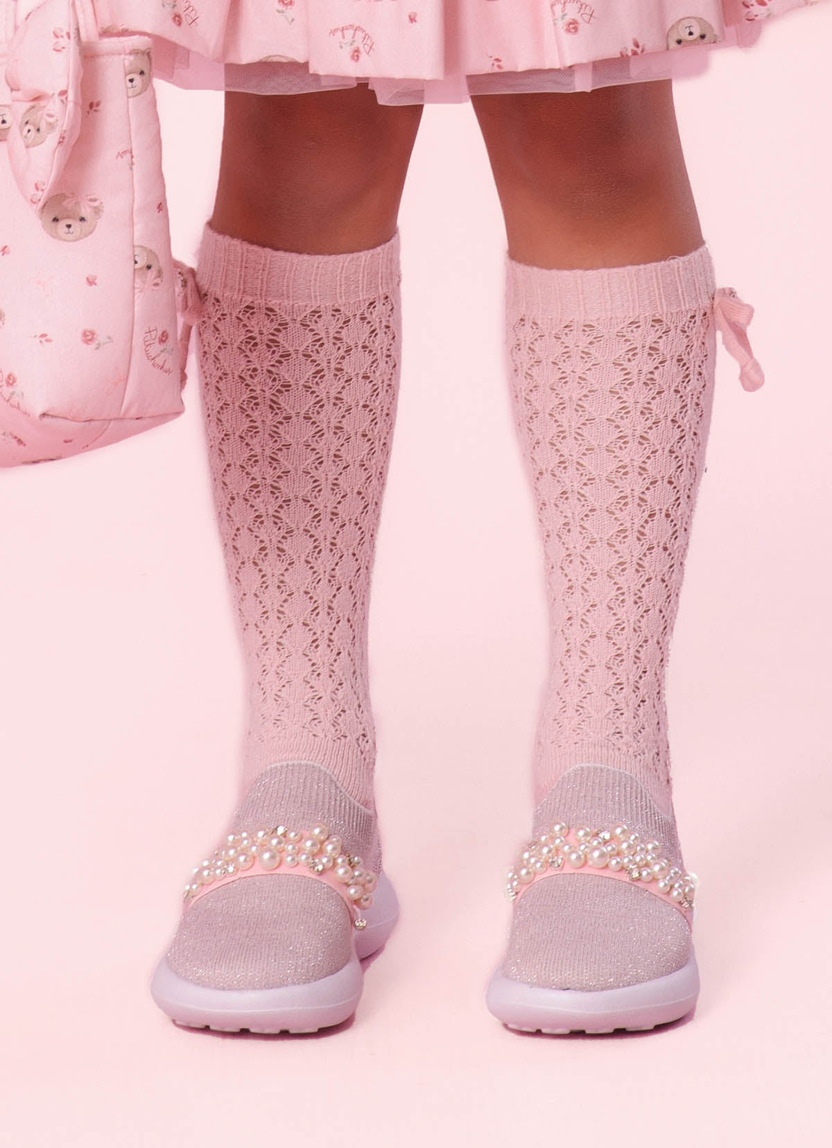 Meia Tricot Ponto Rendado Lacinhos
