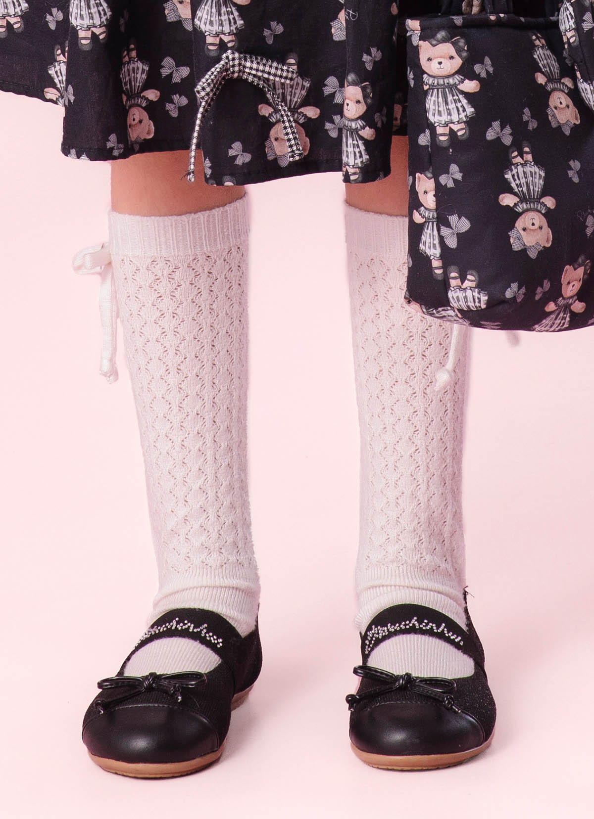 Meia Tricot Ponto Rendado Lacinhos