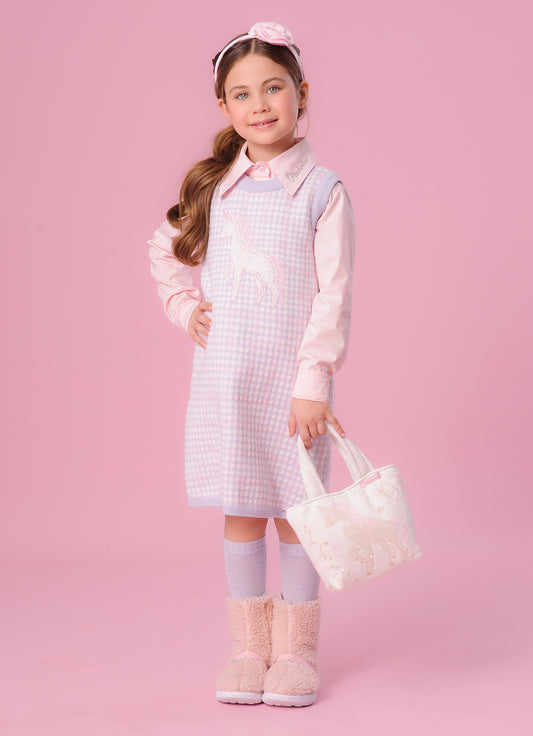 Vestido Tricot Xadrez Unicórnio Cristal Vestido Tricot Xadrez Unicórnio Cristal