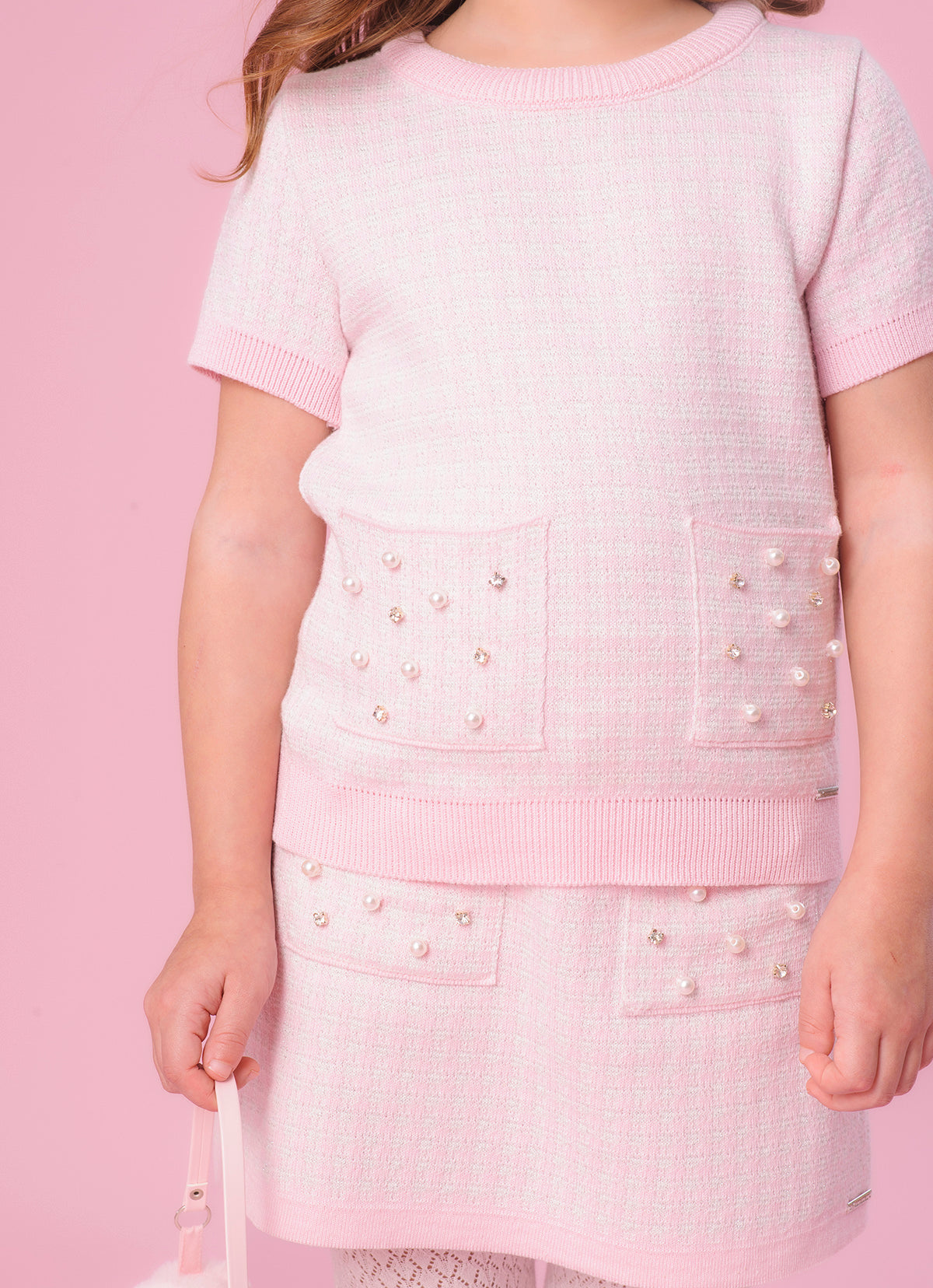 Saia Short Tricot Xadrez Brilho Bolsos Bordados