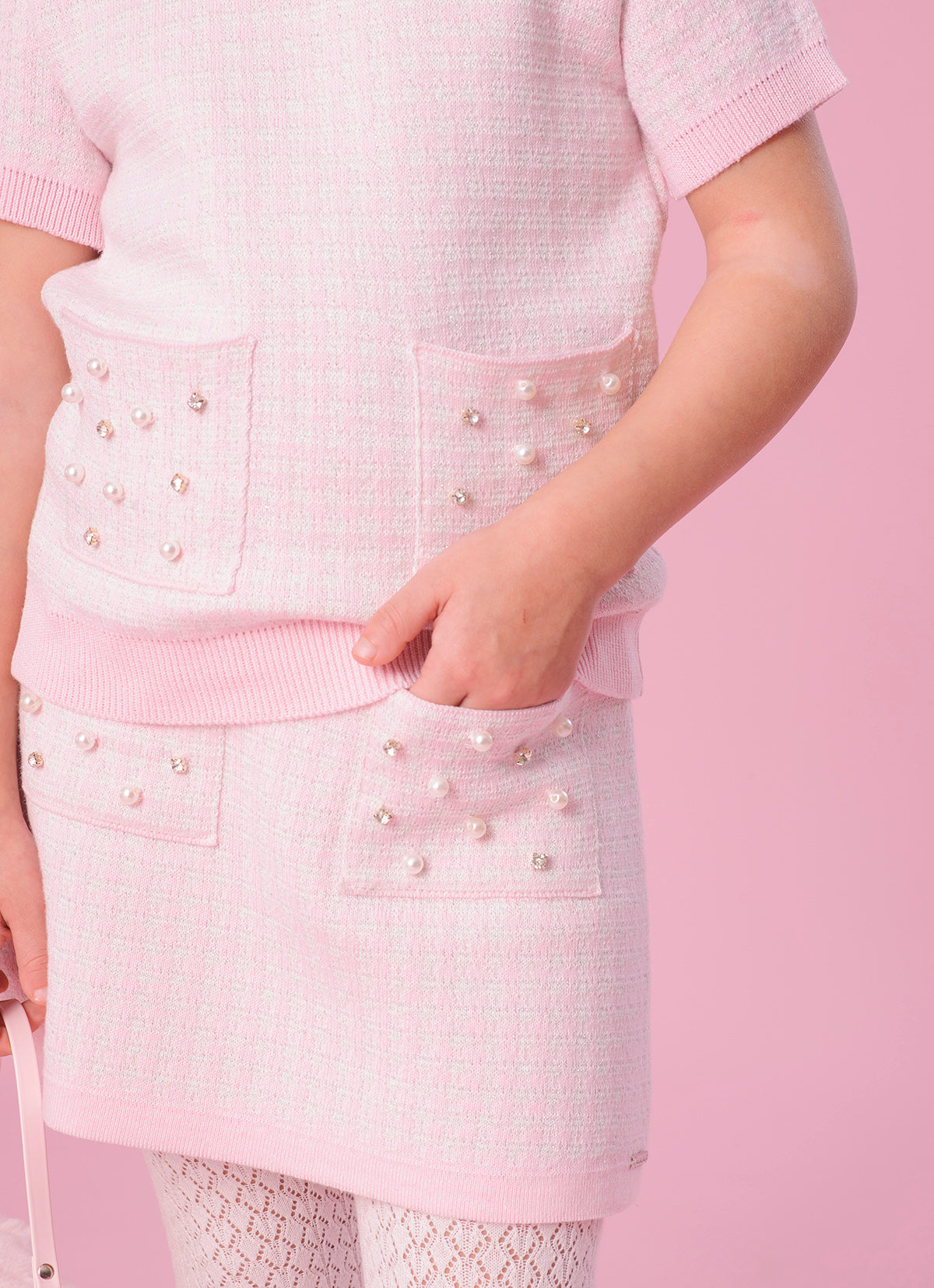 Saia Short Tricot Xadrez Brilho Bolsos Bordados