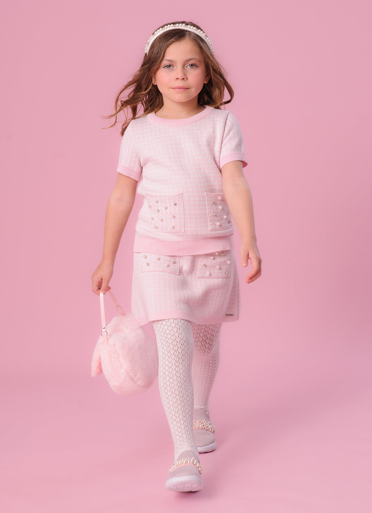 Saia Short Tricot Xadrez Brilho Bolsos Bordados