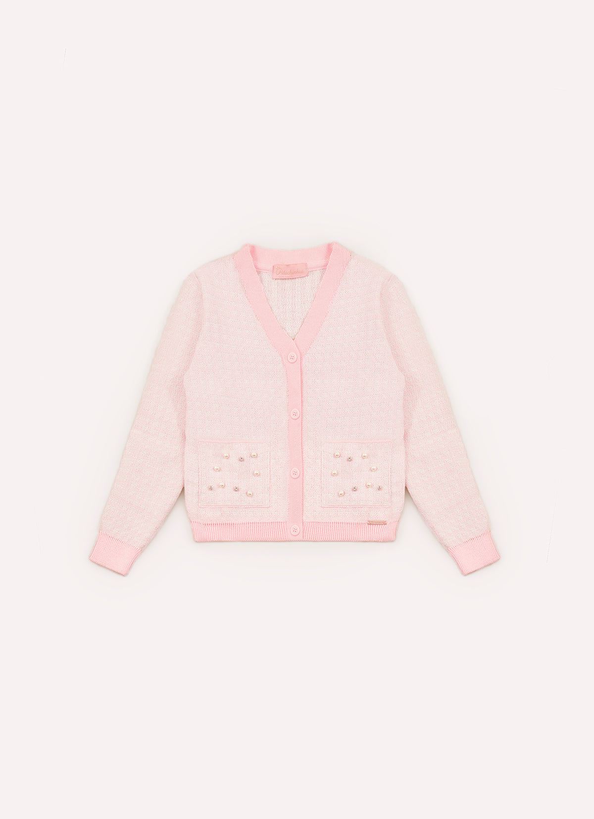Casaco Tricot Xadrez Brilho Bolsos Bordados