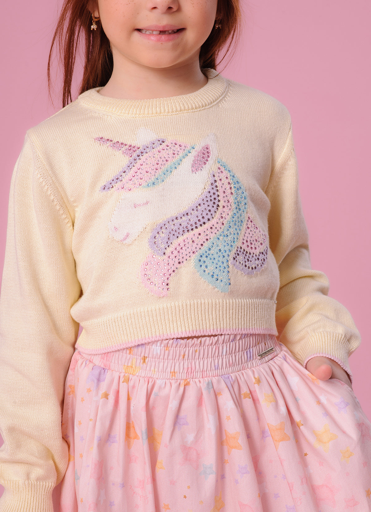 Blusa Tricot Cropped Unicórnio Colorido