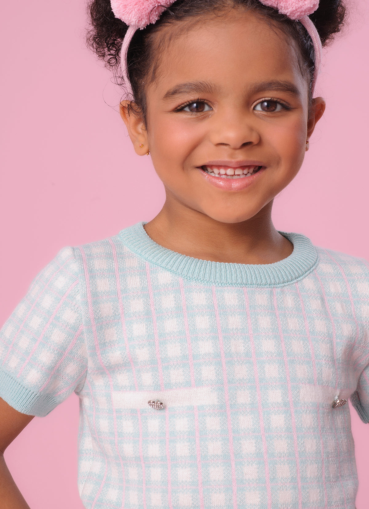 Blusa Tricot Xadrez Bolso Botão Joia