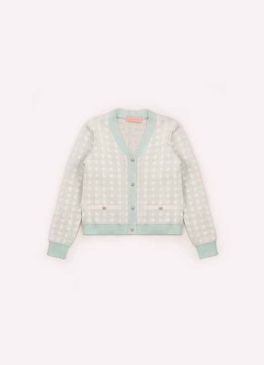 Casaco Tricot Xadrez Bolsos Botão Jóia Casaco Tricot Xadrez Bolsos Botão Jóia