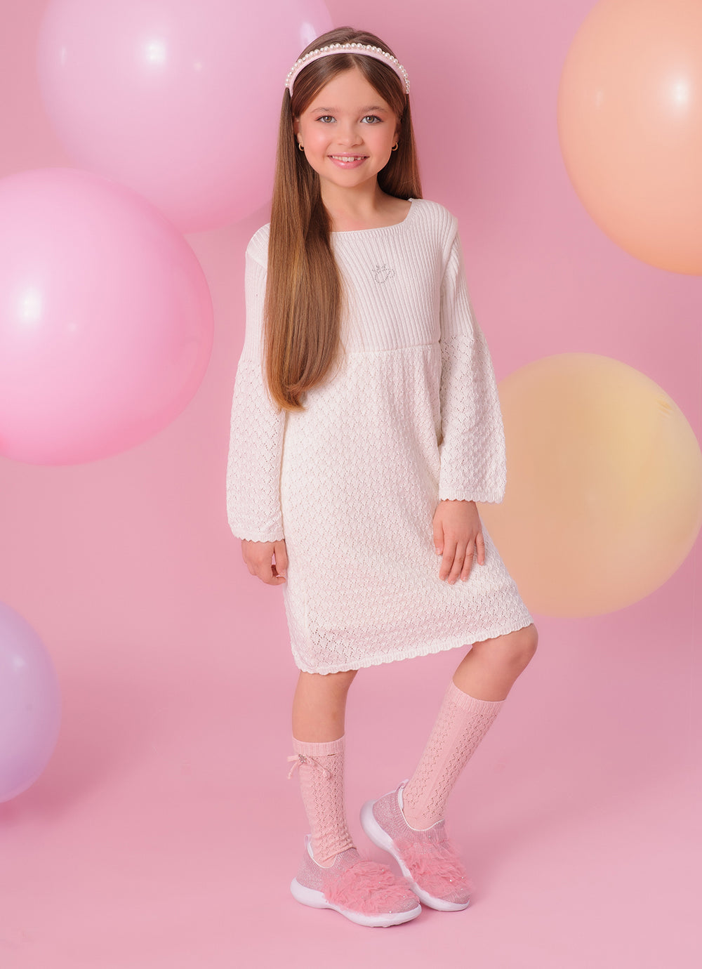 Vestido Tricot Ponto Rendado Manga Flare