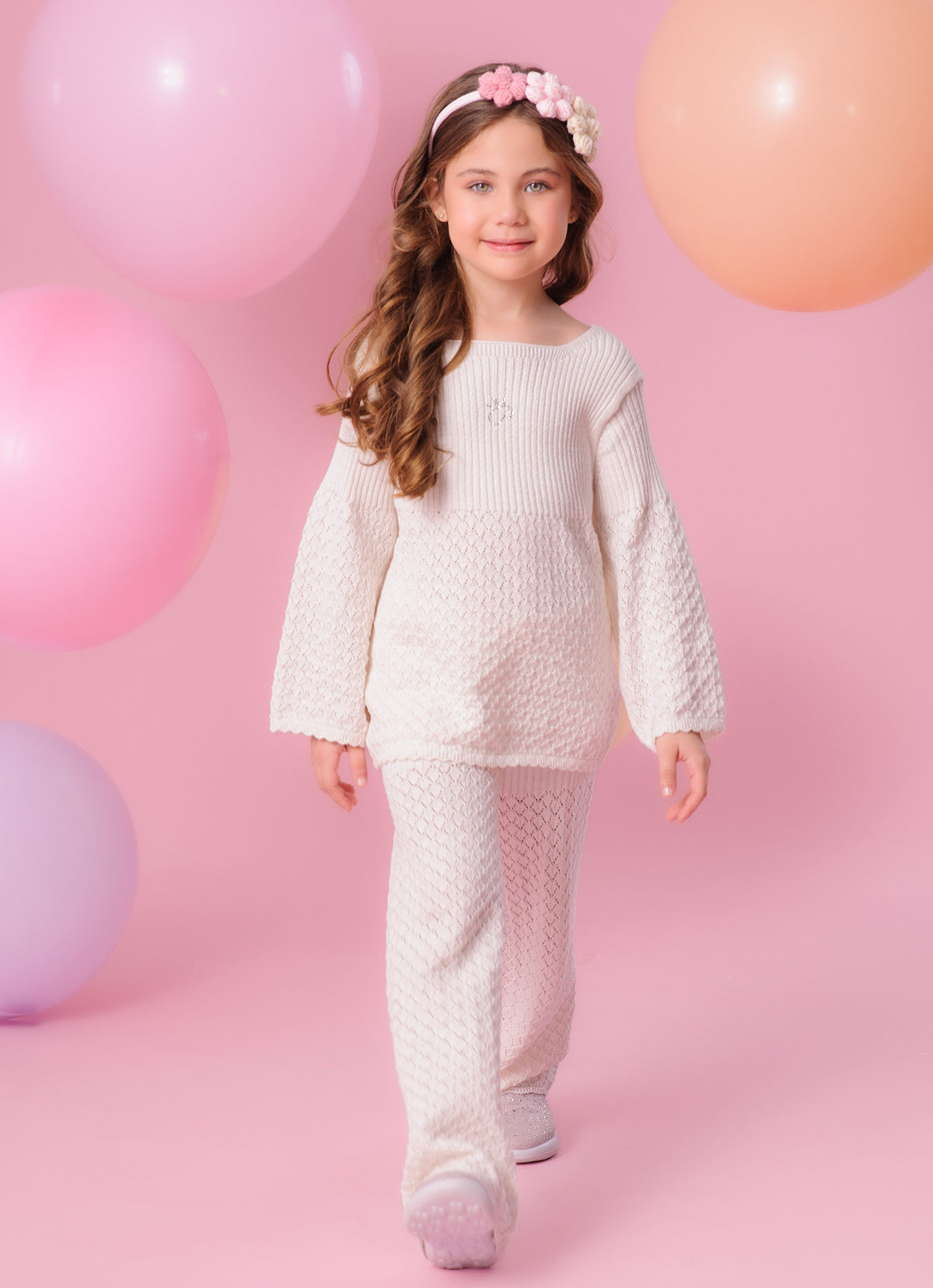Blusa Tricot Ponto Rendado Manga Longa Flare