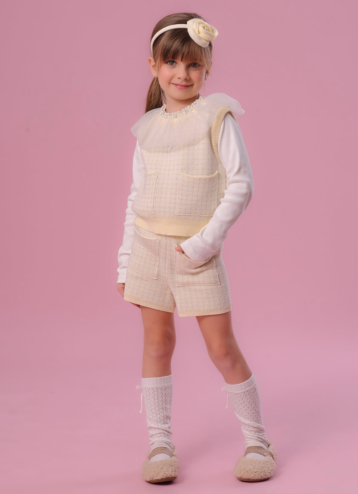 Colete Tricot Xadrez Com Brilho Bolsos