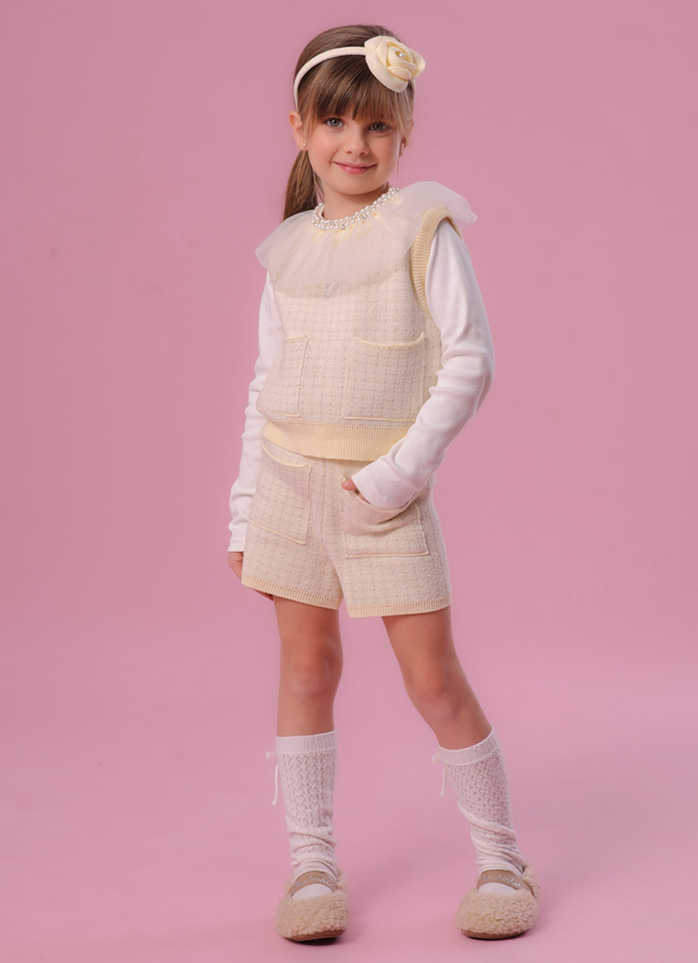 Colete Tricot Xadrez Com Brilho Bolsos