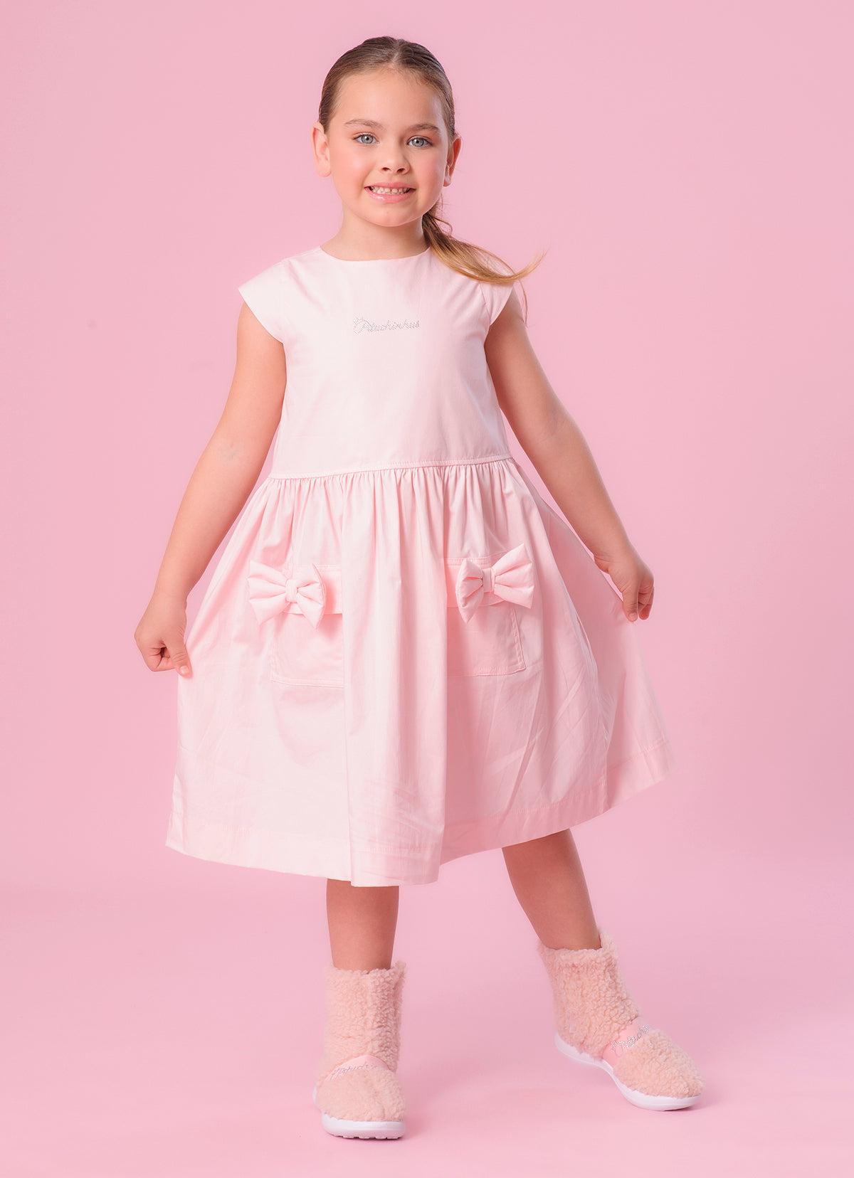 Vestido Tricoline Bolsos Laços Puffer