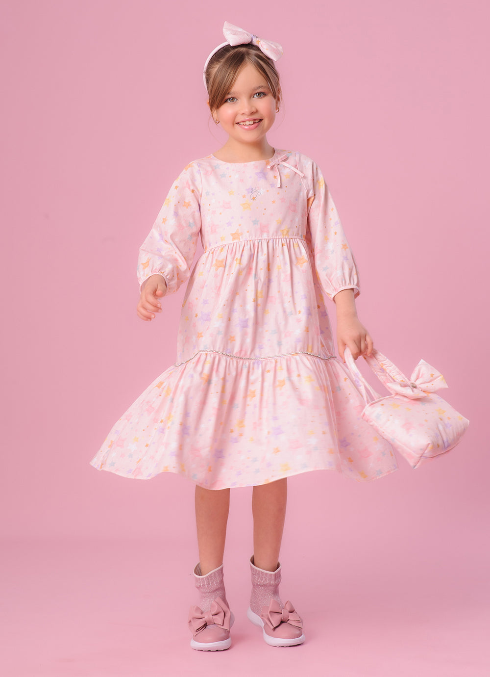 Vestido Algodão Estampado Estrelas Babados